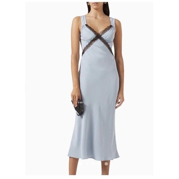 Reformation Provence Slip Dress Lace Trim Midi Dress Light Blue Large Silk - Picture 2 of 6